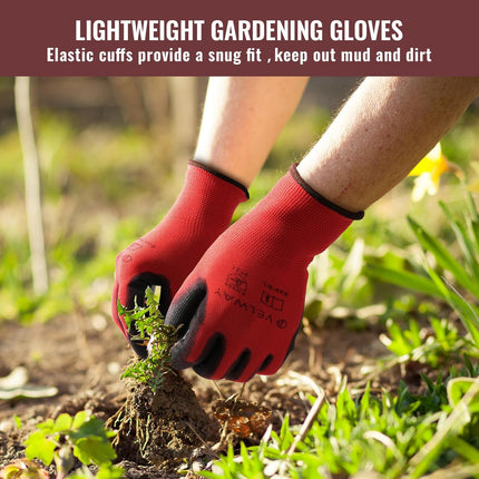 Red gardening gloves with black cuffs being worn, holding a plant in soil with text about gloves' features.