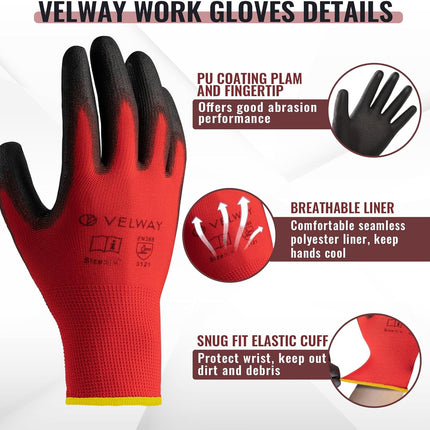 Red work glove with black fingertips on a white background, featuring Velway branding and text about glove features.