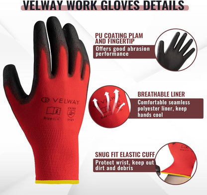 Red work glove with black fingertips on a white background, featuring Velway branding and text about glove features.