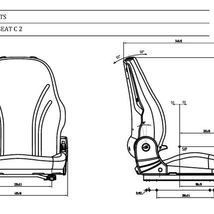 Technical drawing of a seat with dimensions labeled, featuring the UnitedSeats logo.