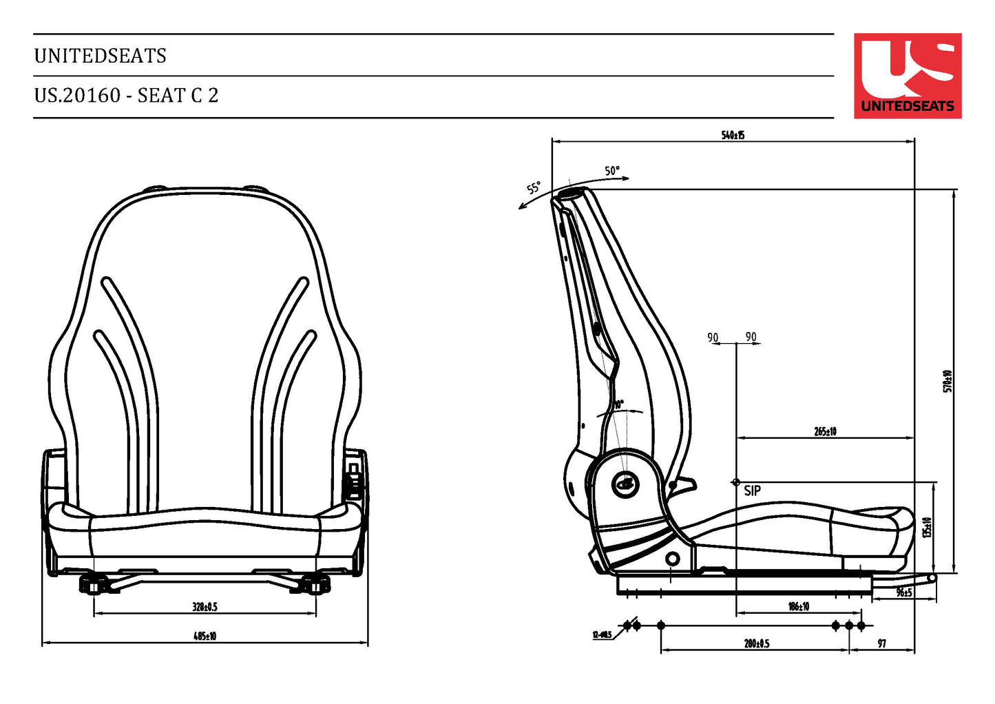 Technical drawing of a seat with dimensions labeled, featuring the UnitedSeats logo.
