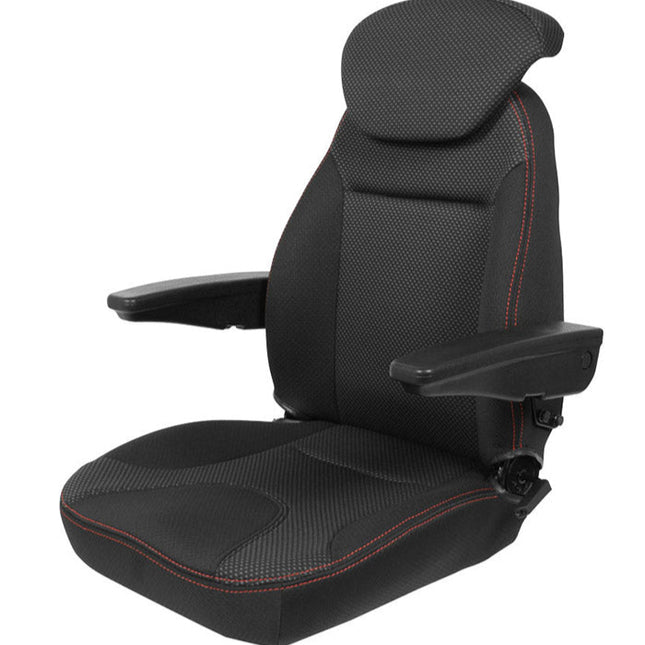 Black car seat with red stitching on a white background