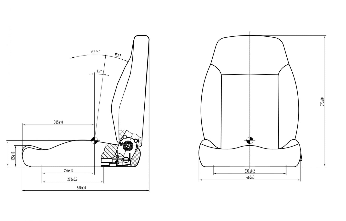 Technical drawing of a car seat with dimensions labeled