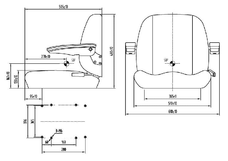 Technical drawing of a chair with dimensions