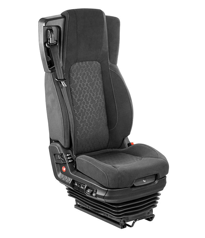 A Voyager C75 premium fabric seat with full air suspension, featuring heating/cooling, dual lumbar, tilt, and height-adjustable 3-point belt.