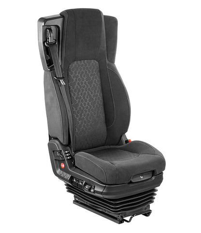 A Voyager C75 premium fabric seat with full air suspension, featuring heating/cooling, dual lumbar, tilt, and height-adjustable 3-point belt.
