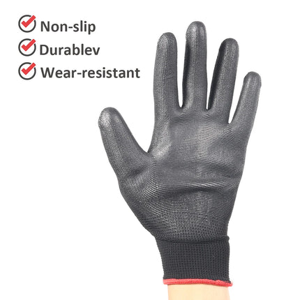 Black glove with text indicating non-slip, durable, and wear-resistant properties on a white background.