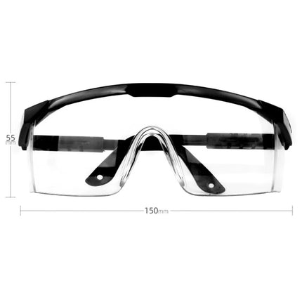 Safety goggles with black frame and clear lenses, shown with measurements on a white background.