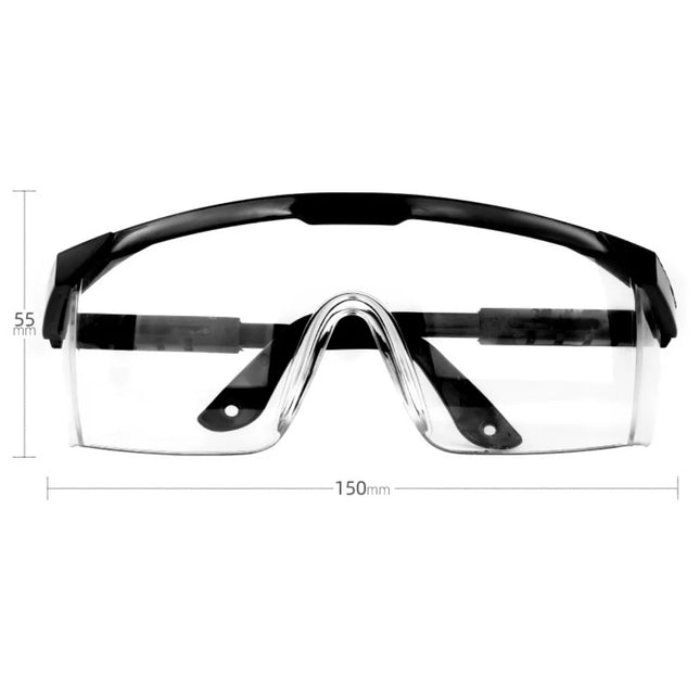 Safety goggles with black frame and clear lenses, shown with measurements on a white background.