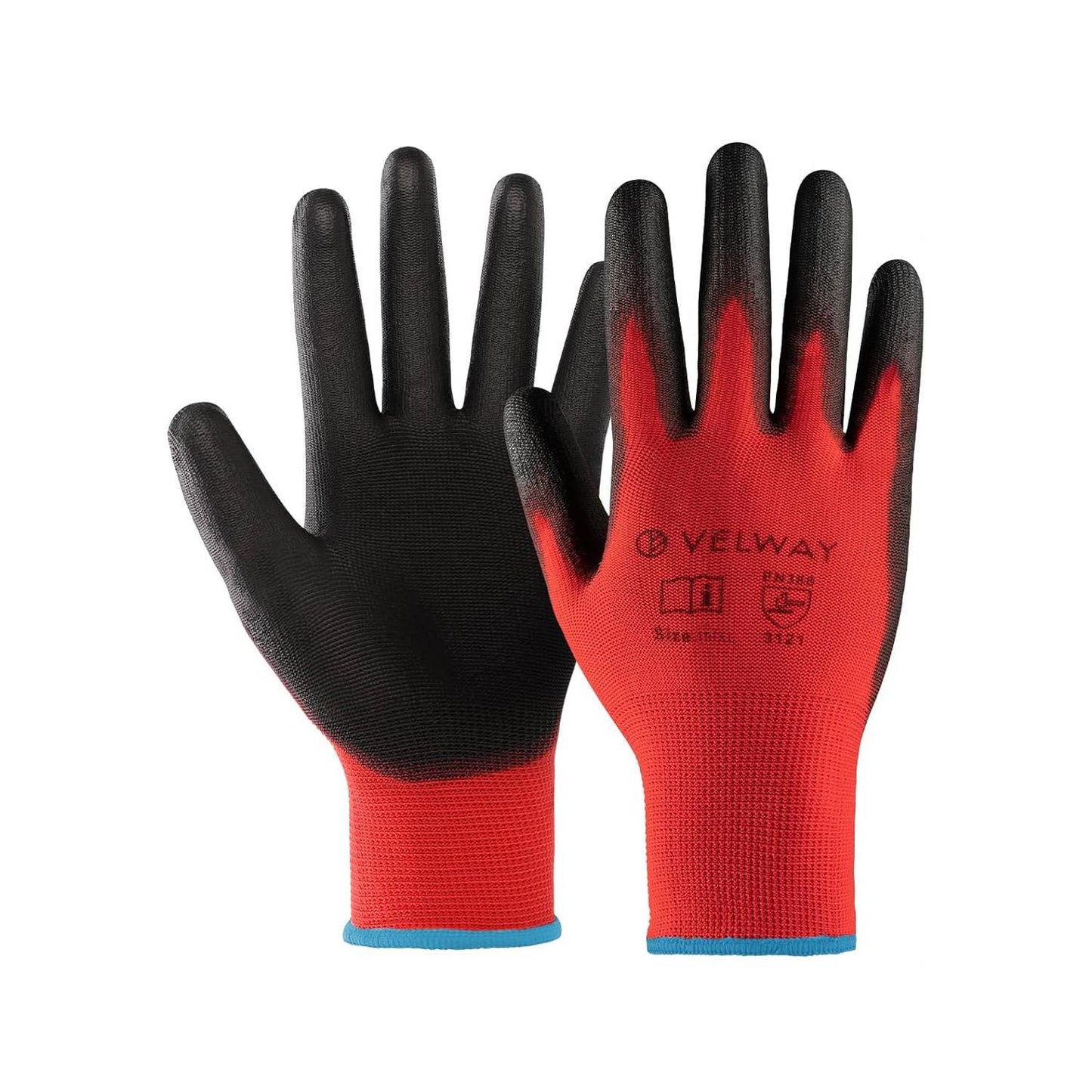 Pair of red and black gloves with Velway branding on a white background