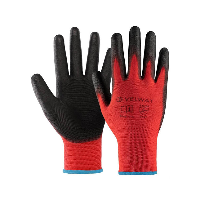 Pair of red and black gloves with Velway branding on a white background