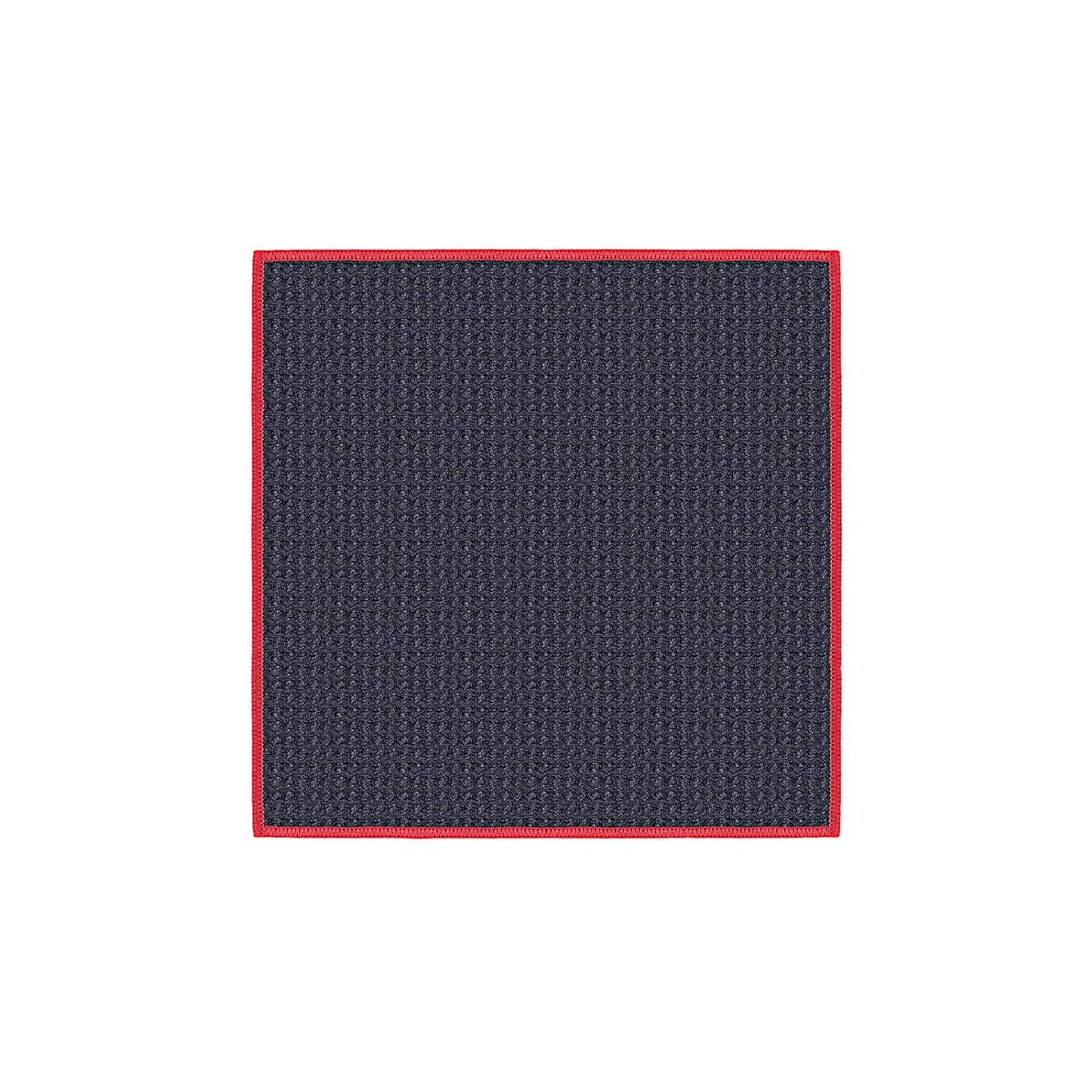 Navy blue textured square with a red border on a white background