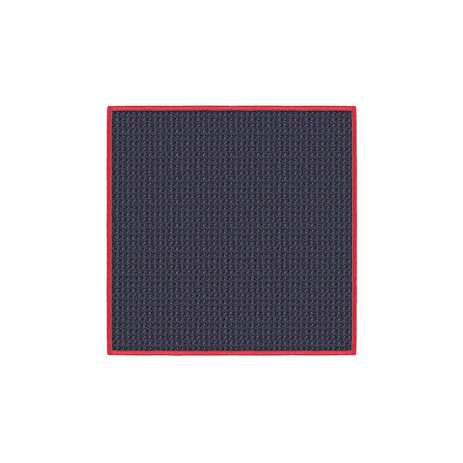 Navy blue textured square with a red border on a white background