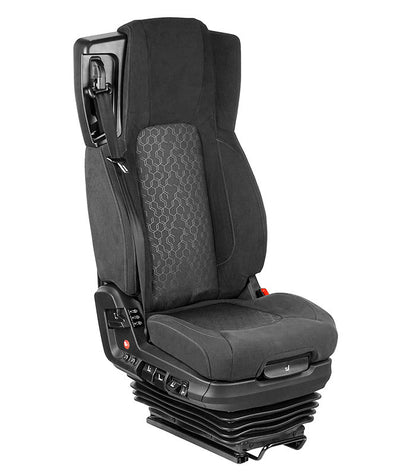 A Voyager C75 premium fabric seat with full air suspension, featuring heating/cooling, dual lumbar, tilt, and height-adjustable 3-point belt.