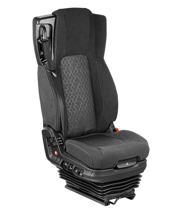 A Voyager C75 premium fabric seat with full air suspension, featuring heating/cooling, dual lumbar, tilt, and height-adjustable 3-point belt.