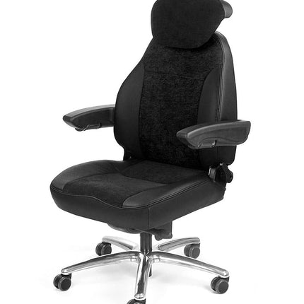Black office chair with adjustable armrests and headrest on a white background, branded as UnitedSeats.
