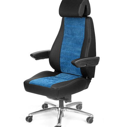 Black and blue office chair withUnitedSeats branding on a white background