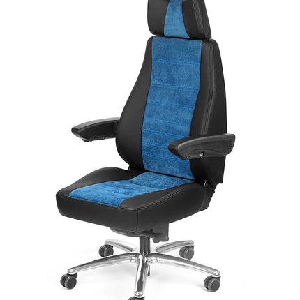Black and blue office chair withUnitedSeats branding on a white background