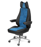 Black and blue office chair withUnitedSeats branding on a white background