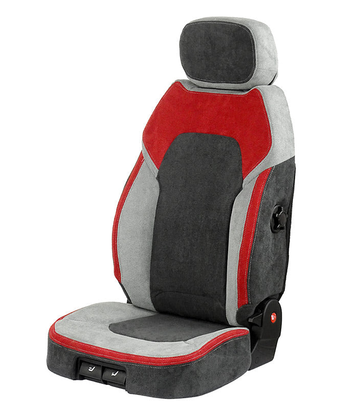Car seat cover with red and gray design on a white background, branded as UnitedSeats.
