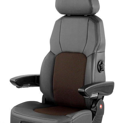 A high-back seat upper with fabric/PVC trim, featuring lumbar support and an adjustable backrest.