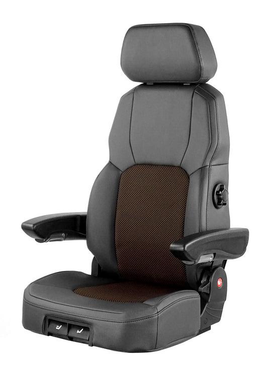 A high-back seat upper with fabric/PVC trim, featuring lumbar support and an adjustable backrest.