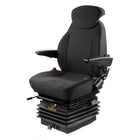 Black air suspension seat with lumbar support, armrests, and fabric trim, mounted on an air spring system.