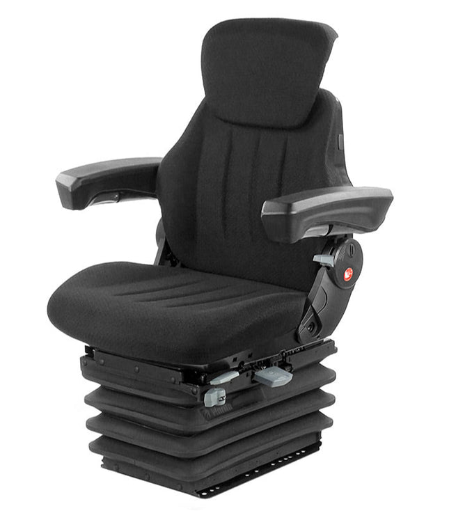A black mechanical-suspension seat designed for agricultural and light construction vehicles, featuring adjustable armrests and a lumbar support.