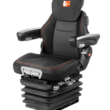 A black seat with red accents, featuring a heater control, armrests, and adjustable features for a tractor or industrial vehicle.