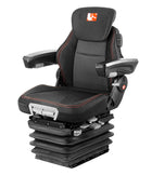 A black seat with red accents, featuring a heater control, armrests, and adjustable features for a tractor or industrial vehicle.