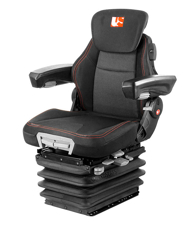 A black seat with red accents, featuring a heater control, armrests, and adjustable features for a tractor or industrial vehicle.
