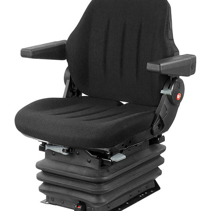 A black mechanical suspension seat for agricultural machinery, featuring adjustable armrests and a seat cushion.
