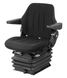 A black mechanical suspension seat for agricultural machinery, featuring adjustable armrests and a seat cushion.