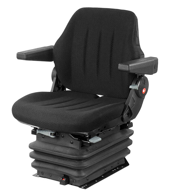 A black mechanical suspension seat for agricultural machinery, featuring adjustable armrests and a seat cushion.