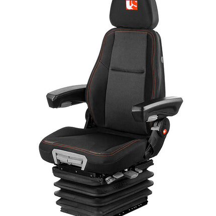 A black mechanical suspension seat with adjustable armrests and a headrest, designed for use in construction or agricultural vehicles.