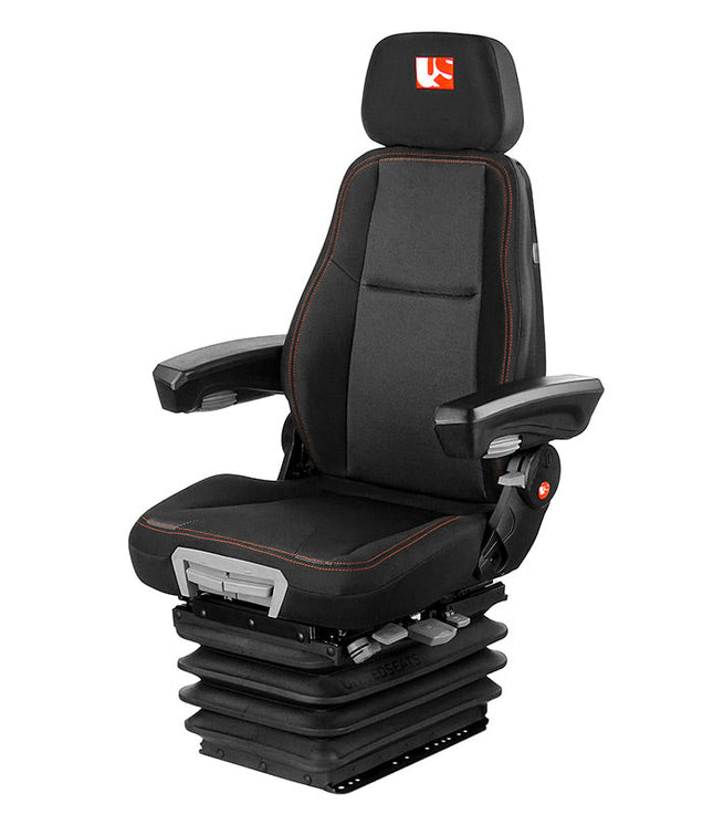 A black mechanical suspension seat with adjustable armrests and a headrest, designed for use in construction or agricultural vehicles.
