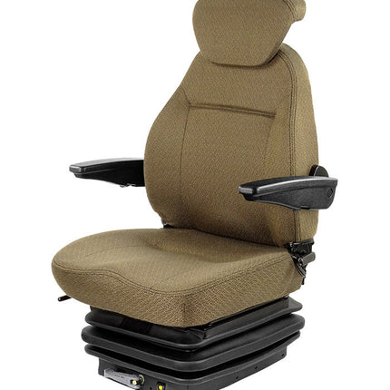 A black mechanical suspension seat with red accents, designed for agricultural machinery, featuring a slide rail, armrests, and a lumbar support.