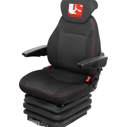 A black mechanical suspension seat with red accents, designed for agricultural machinery, featuring a slide rail, armrests, and a lumbar support.