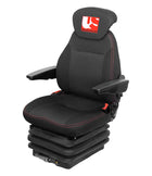 A black mechanical suspension seat with red accents, designed for agricultural machinery, featuring a slide rail, armrests, and a lumbar support.