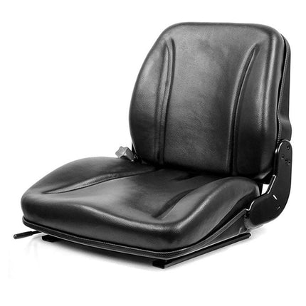 A black mechanical suspension seat designed for use in vehicles, featuring adjustable backrest and slide rails.