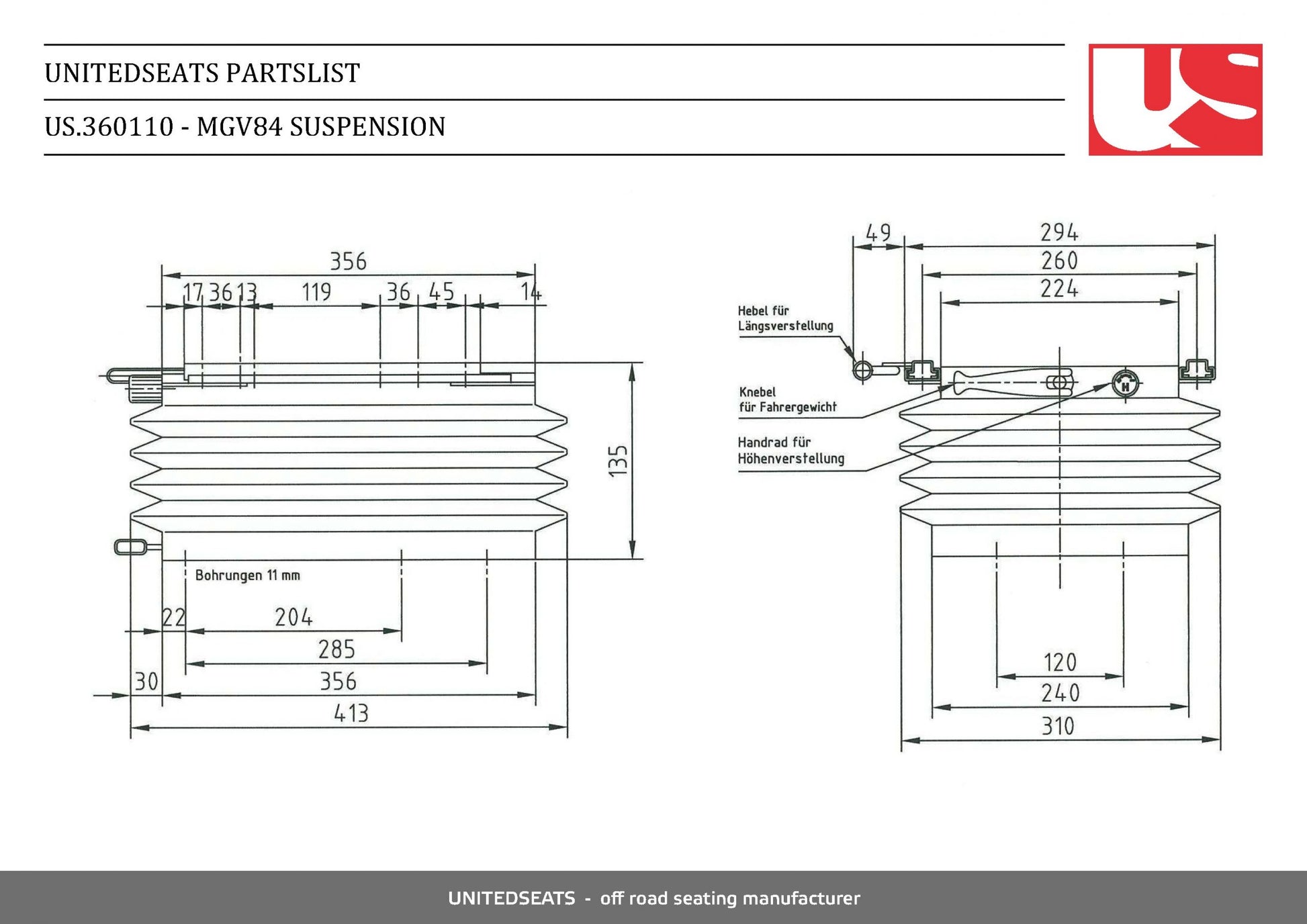 Technical drawing of a suspension system with dimensions and labels, featuring the UnitedSeats logo.