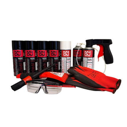 Automotive detailing kit with cans, spray gun, gloves, and goggles on a white background