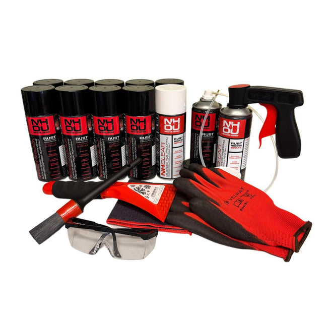 Collection of fire safety equipment including cans, gloves, and goggles on a white background