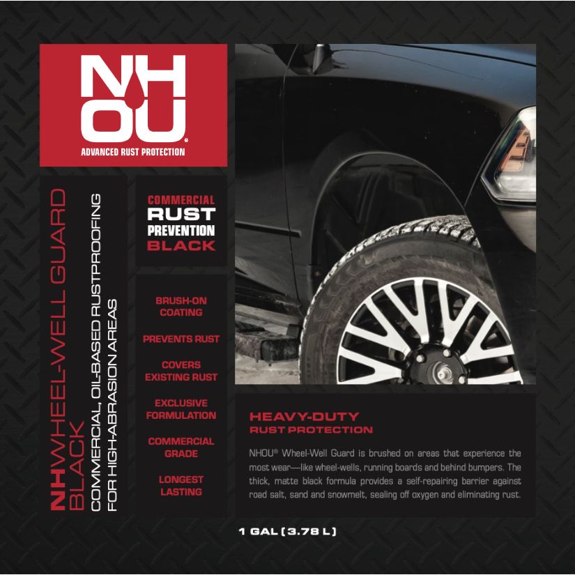 NH OU wheel well guard product packaging with a black car in the background