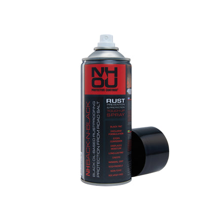 Spray can with red and black label on a white background
