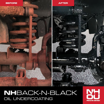 Before and after comparison of a rusted suspension system treated with NH Back-N-Black oil undercoating.