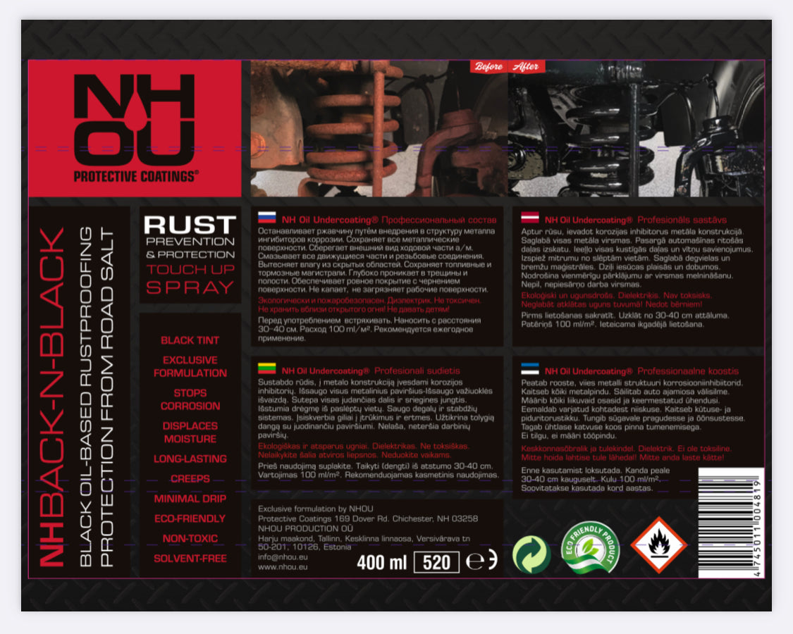 NHOU protective coatings label with product details on a black background