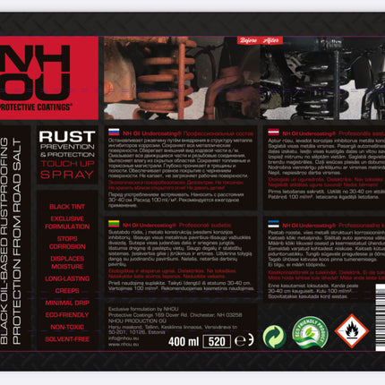 NHOU protective coatings label with product details on a black background