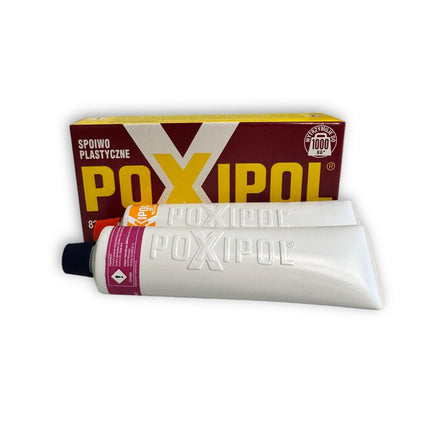 Poxipol tube and packaging on a white background