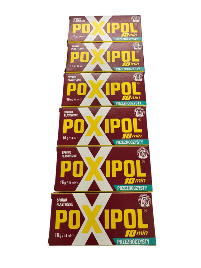 Stack of POXIPOL packaging on a white background